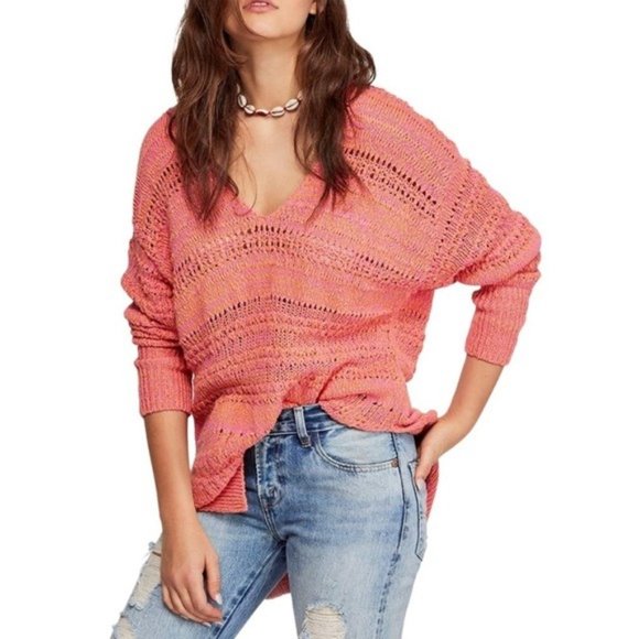 FREE PEOPLE Hot Tropics V-Neck Open Knit Sweater Pink NWT - Picture 1 of 4